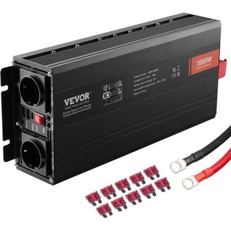 Sinus-Wechselrichter 3000 W DC 12 V AC 230 V LCD-Display Wechselrichter mit 3 AC-Steckdosen 2 USB-Anschlüssen 1 Typ-C-Anschluss 10 Ersatzsicherungen für große Haushaltsgeräte (1/5)