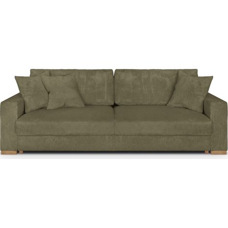 Homifab – Canapé convertible 3 places en velours côtelé vert kaki – Couchage 138 x 184 cm – Structure en pin massif – 3 coussins déco inclus (1/5)