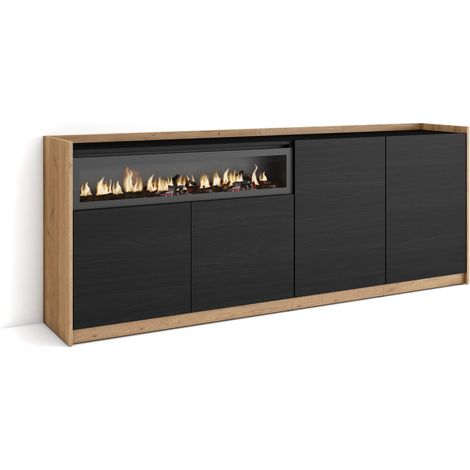Skraut Home - Aparadores para salón, 207x37x80cm, 4 Puertas, Chimenea eléctrica, Negro y roble (1/5)