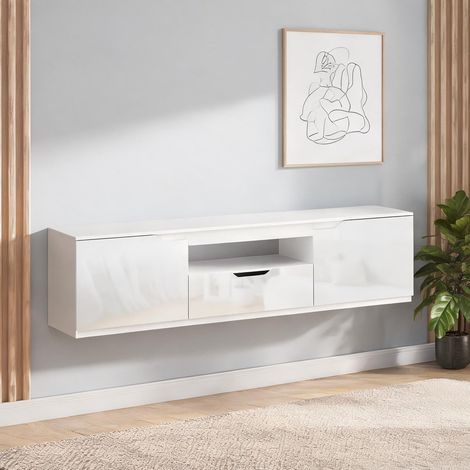 Meuble TV blanc 160 cm avec rangements et gestion des câbles (1/5)