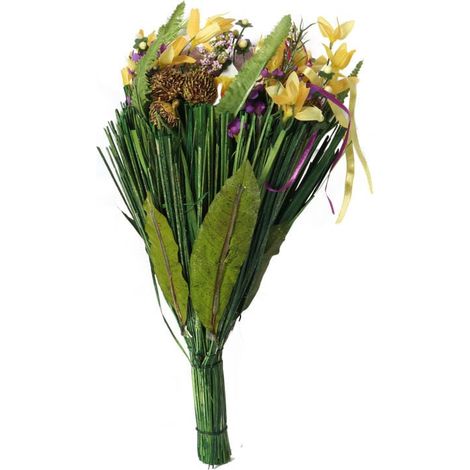 Bouquet decorativo pasquale con fiori secchi e uova nelle tonalità del viola, del giallo e del verde. (1/3)