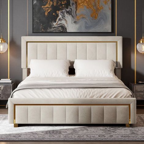 Cama Doble 140x200cm - Cofre Hidráulico - Cabecera de Terciopelo Crema - Almacenamiento Integrado - Diseño Elegante