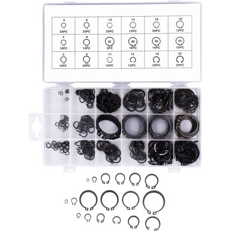 Kit de 300 pièces de fixations (circlips, anneaux élastiques, clips en C) pour machines et véhicules. (1/5)