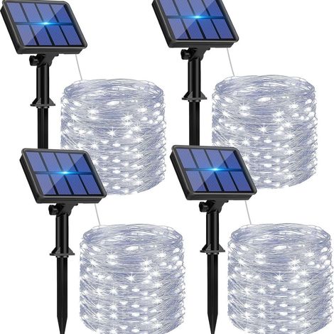 Lot de 4 guirlandes lumineuses solaires d'extérieur, 20 m, 200 LED, étanches, 8 modes, idéales pour les jardins, terrasses, maisons, Noël, mariages et fêtes, blanc pur [Classe énergétique E]
