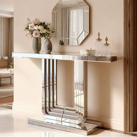 Console miroir 120 cm argent en MDF et verre avec base en U et protection anti-basculement (1/5)