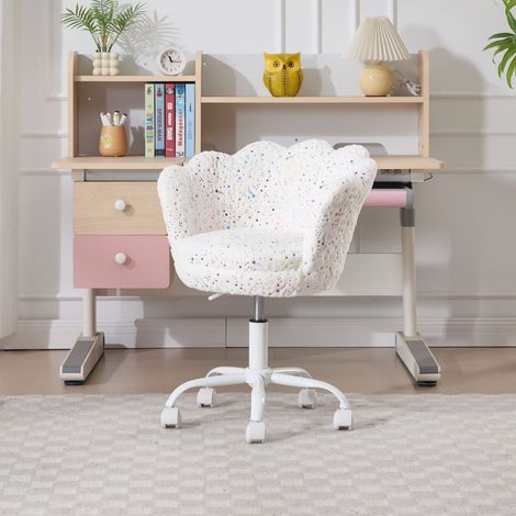 Wahson Kinder Schreibtischstuhl Höhenverstellbar, Kunstfell Drehstuhl Blütenblatt Schminktisch Stuhl, Bequemer Bürostuhl ergonomisch für Kinder Mädchen, Weiß
