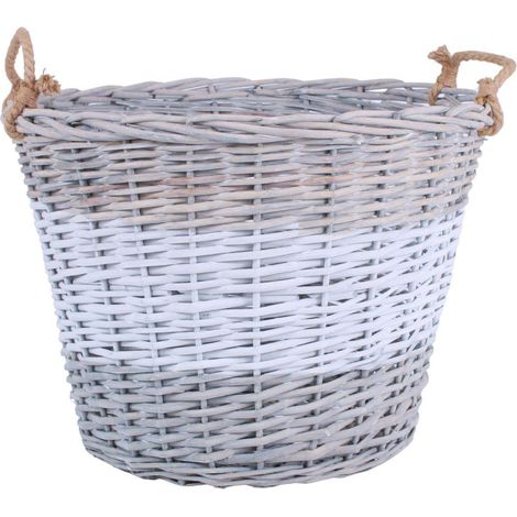 Cestone rotondo in vimini bianco e grigio con manici in corda, Ø60H45 cm (1/3)