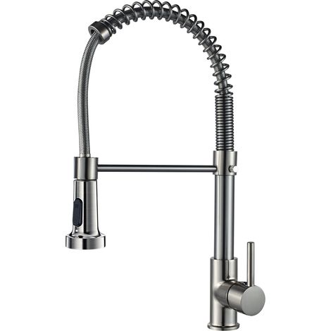 Robinet de cuisine ressort à poignée laiton avec douchette extractible mitigeur d'évier de cuisine (nickel brossé) (1/5)
