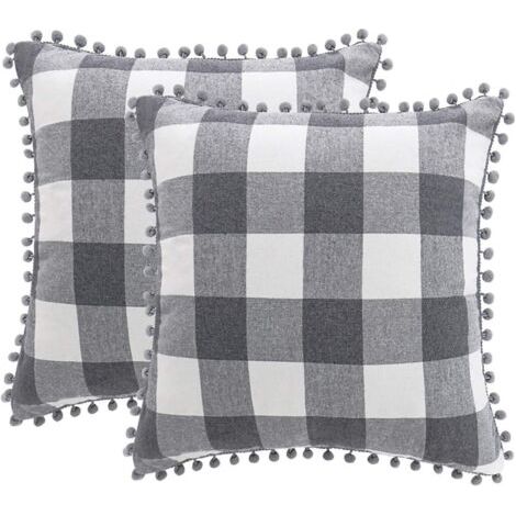 Housse de Coussin à Carreaux Lot de 2 Housse de Coussin Décorative avec Pompons Housse de Coussin Décorative 45x45cm avec Fermeture Éclair Cachée Gris et Blanc (1/5)