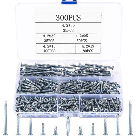 Lot de 300 vis autotaraudeuses M4.2 en acier inoxydable, tête fraisée, vis autotaraudeuses en métal pour fixation de tôle (1/5)