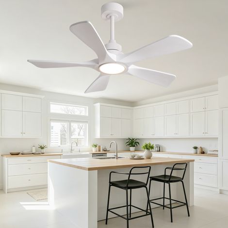 Ventilateur de plafond 42" blanc avec LED, 5 pales en bois, télécommande sans fil (1/5)