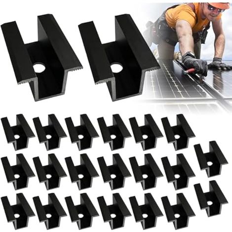 Centrales En Aluminium PV,Lot De 20 Pinces Centrales Pour Panneau Solaire,Pinces De Module Solaire,Pince Centrale Pour Panneaux Solaires Pour Hauteur De Module 25-45MM,Noir (1/5)