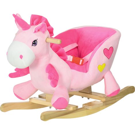 Cheval à Bascule Licorne avec 32 Chansons, Base en Bois et Ceinture de Sécurité, Âge 18-36 Mois, Rose (1/5)