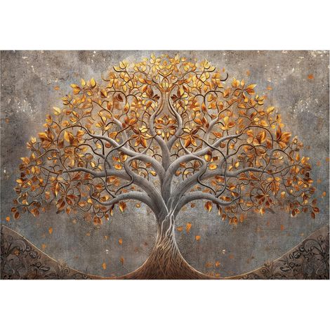 Papier peint arbre de vie abstrait fleurs dorées décoration murale pour salon – 400 x 280 cm Wallarena (1/4)