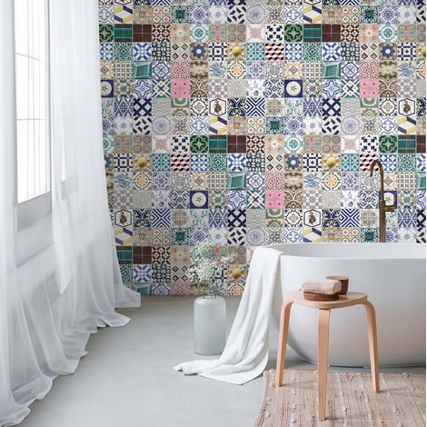 Papier peint intissé Carreaux de ciment & carrelage Bleu, Multicolore, Vert - 1,59 x 2,8 m (1/3)