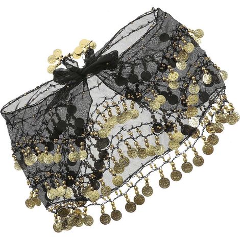 Foulard de hanche en mousseline de soie pour femme, 3 rangs, 128 pièces, ceinture à nouer pour la danse du ventre (bleu ciel)-Black
