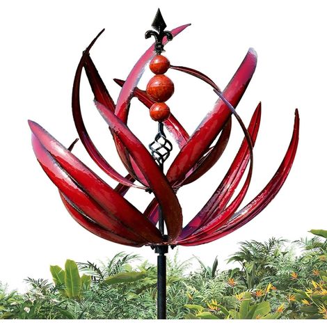 Moulin À Vent en Métal De Lotus avec Piquet pour Cour, Pelouse et Jardin - Éolienne Décorative