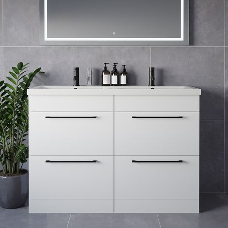 Napoli 390 Gloss White 1200mm 4 Drawer Vanity Unit with Double Glide Basins - 1200mm - Matt Black 320mm Handle