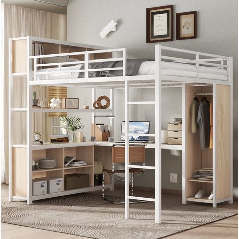 Lit mezzanine moderne 140x200 cm métal et bois blanc/naturel avec armoire, bureau et rangements (1/5)