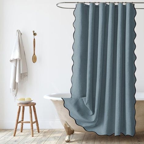 Rideau de Douche en Lin Texturé 90x180cm, Rideau de Douche Étroit, Imperméable, Anti-moisissure, Lavable pour Salle de Bain avec Anneaux, Bleu