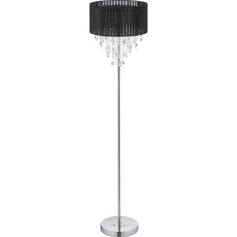 Relaxdays Lámpara de Pie Cristal, Pantalla Organza, Luz Lectura Salón, Alta, Redonda, E27, 150x37,5cm, Negra y Plateada