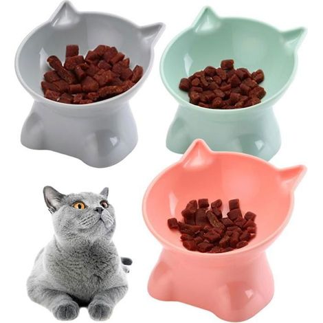Set di 3 ciotole per gatti - Inclinabili a 15 gradi - 13,5 cm - per gatti e cani di piccola taglia - per cibo e acqua - grigie, verdi e rosa