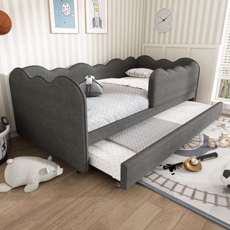 Lit Gigogne Enfant 90x190 cm avec Lit Coulissant, Banquette Lit en Lin avec Barrière Amovible et 2 Couchages, Lit Gain de Place Gris (Sans Matelas) (1/5)