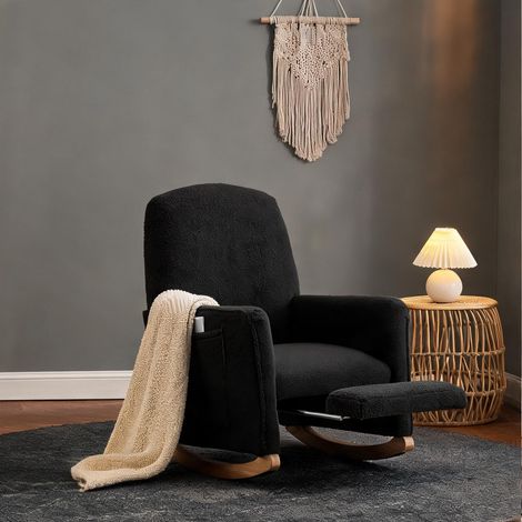 Chaise berçante 1 place en tissu Teddy gris avec repose-pieds (1/5)