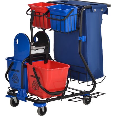 Chariot de nettoyage avec sac à déchets, 4 seaux et essoreuse pour mop, 93x80x97 cm, rouge, bleu et noir (1/5)