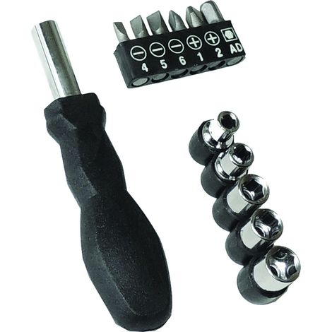 Tournevis Multifonction 12 en 1 / Tournevis (Corps) avec 5 Clés à Douille (inserts), 3 Embouts plats (4, 5, 6), 2 embouts cruciformes (1, 2) et 1 embout clé à douille (1/5)