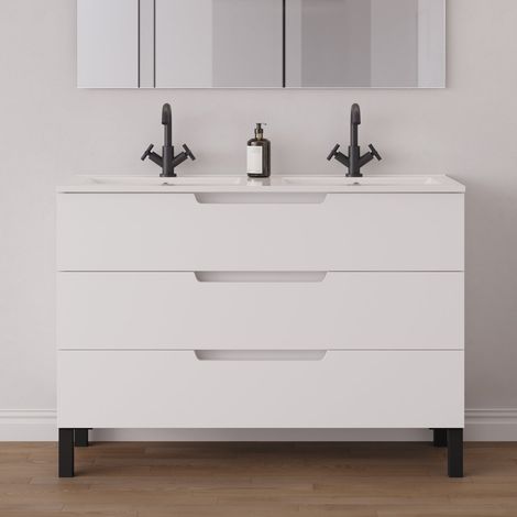 Meuble de salle de bain 120cm double vasque - 3 tiroirs - sans miroir - blanc mat - RIZA (1/5)