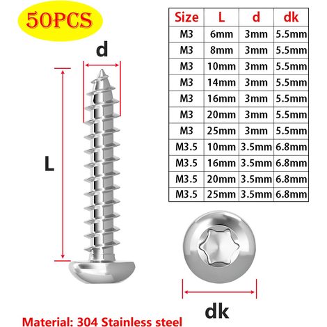 50 Pièces M3x14mm Vis Autotaraudeuse, Vis à Tête Cylindrique Torx en Acier Inoxydable, Filetage Complet, pour Fixation du Bois (1/5)