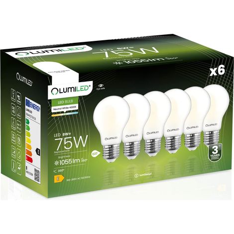 6x LED-Lampe E27 A60 8W = 75W 1055lm 4000K Neutralweiß 360° Glühfadenbeleuchtung