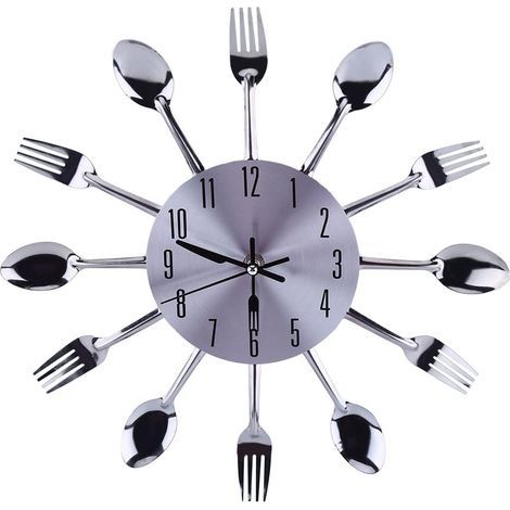 Horloge Murale Cuisine Ustensile Cuillère Fourche Horloge Murale 3D MiroirSurface Argent Moderne Desgin Amovible Creative Couverts Chambre Décoration de Maison (1/5)