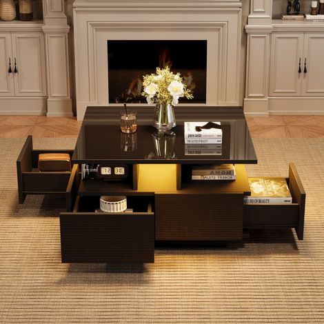 Table Basse avec LED - 70x70x40cm - Plateau High Gloss 4 Tiroirs et Rangement 3 Niveaux - Pour Salon Moderne - Noir (1/5)