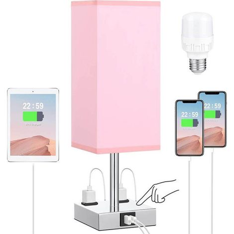 Lampe de chevet tactile avec variateur 3 niveaux, abat-jour en tissu, base avec 2 prises USB A/C et 2 sockets, ampoule LED incluse (1/2)