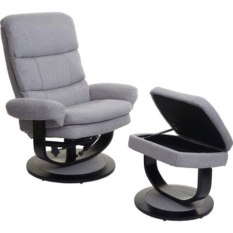 Relaxsessel HHG-627, Fernsehsessel TV-Sessel Hocker mit Staufach, MVG-zertifiziert Stoff/Textil hellgrau