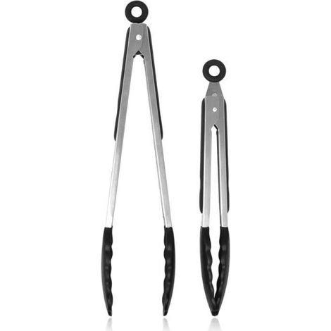 Lot Pince Barbecue x 2 Pince Cuisine en Silicone 30,5 cm et 22,9 cm Pince de Cuisine en INOX x 2 Pinces Barbecue Noires (1/4)