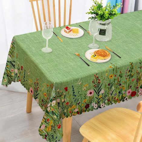Nappe rectangulaire 140x240 cm avec motif floral vert, résistante aux intempéries et lavable