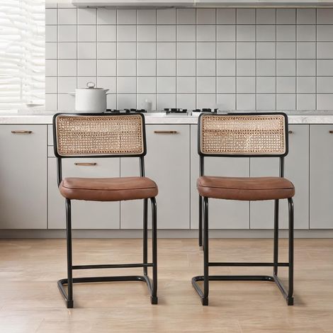 Tabouret de bar design 2 pièces avec dossier cannage assise en PU (1/5)