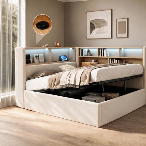 Cadre de lit beige en velours 214,5 x 160 x 90 cm (1/5)