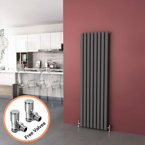 ELEGANT 1600 x 480 mm Anthracite Modern Tall Bar Radiator Efficient Rads Double Oval Panel Heater Radiators + Angled Radiator Valves (1/5)