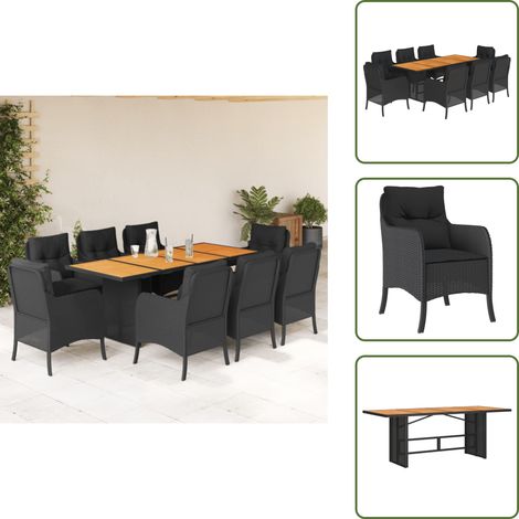 The Living Store Set da Pranzo da Giardino 9 pz con Cuscini Nero in Polyrattan - Tavolo da giardino