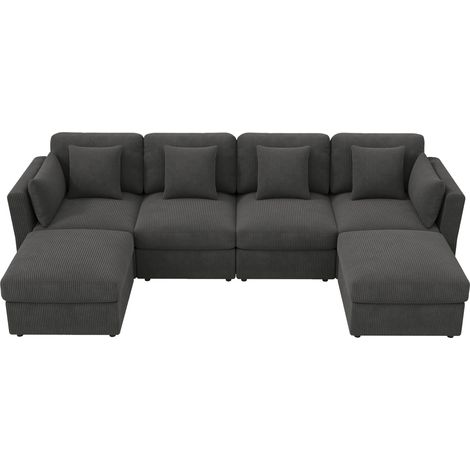 Modulares U-Ecksofa aus Cord-Samt in Grau mit verstellbaren Armlehnen und Hocker (1/5)