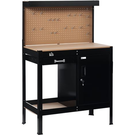 Banco de trabajo con cajón de panel perforado y armario con cerradura para taller o hogar, 98,5 x 48 x 140 cm, color negro