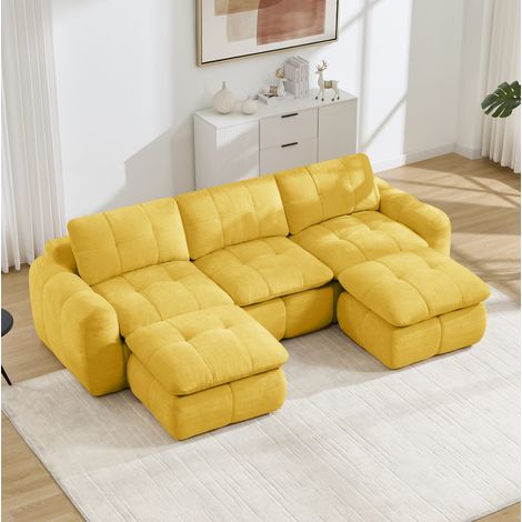 Modulares U-Sofa 264/160 cm in Gelb aus Chenille mit 2 Hockern, montagefrei (1/5)