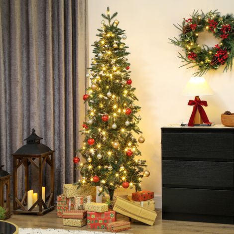 Künstlicher Weihnachtsbaum, 180 cm, schlanker Weihnachtsbaum mit 200 Lichtern, 8 Beleuchtungsmodi, 605 bewegliche Zweige, grün