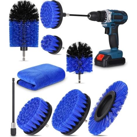 Kit de 8 brosses pour perceuse, brosses de nettoyage multifonctionnelles pour jantes, carrelage, cuisine, salle de bain, grils - Bleu (1/4)