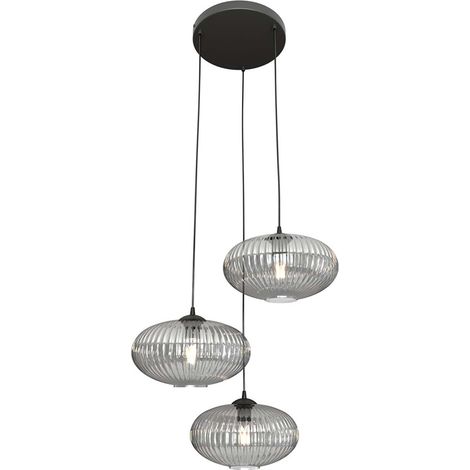 Lampadario 3 Luci Coco Base Tonda In Acciaio Nero Paralume Plissettato Fumè (1/5)