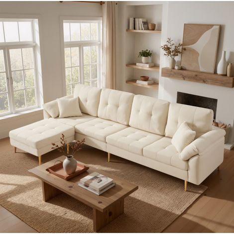 Sofá 4 plazas 250 cm de pana beige claro con puf flexible y patas de hierro (1/5)